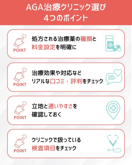 AGA治療のクリニック選びで重視すべき4つのポイント