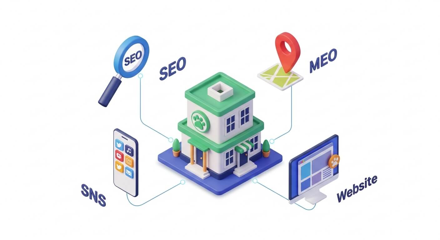 「飼い主様の行動」を可視化し、Web対策の必要性を直感的に伝えるイメージ