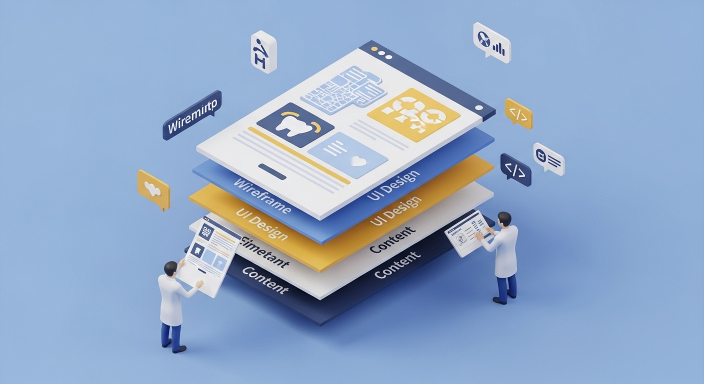 制作費が「デザイン」「コーディング」「コンテンツ」などの積み上げでできていることを図解するイメージ。