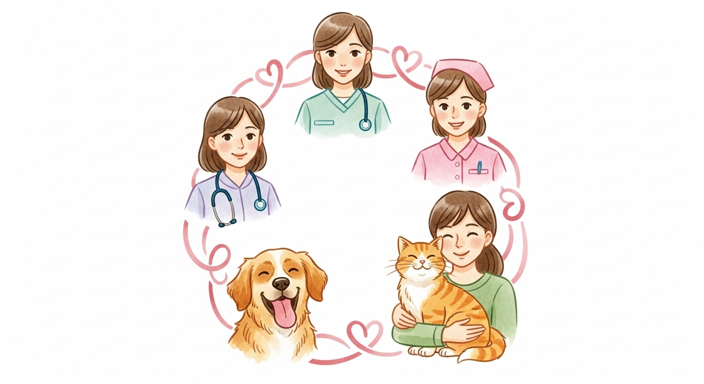 動物病院のスタッフと犬猫がハートで繋がっているイラスト。患者のリピート率向上と信頼関係の構築