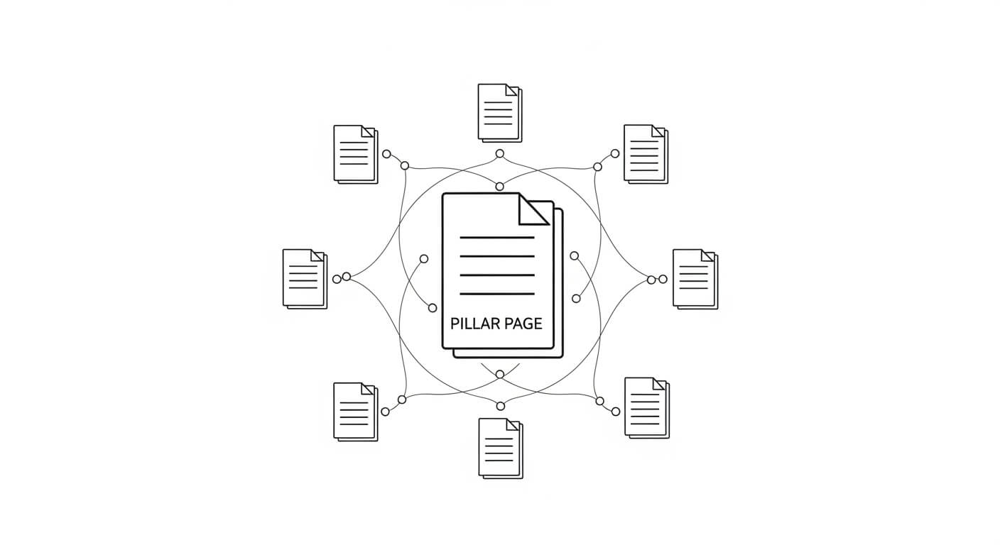 SEOのトピッククラスターモデルの概念図。中央の主要トピック（ピラー）から、複数の関連トピック（クラスター）へ線が繋がっているネットワーク構造