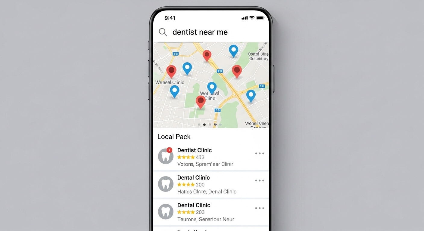 スマートフォンで「近くの歯医者」と検索し、Googleマップの検索結果（ローカルパック）が表示されているMEOのイメージ図。