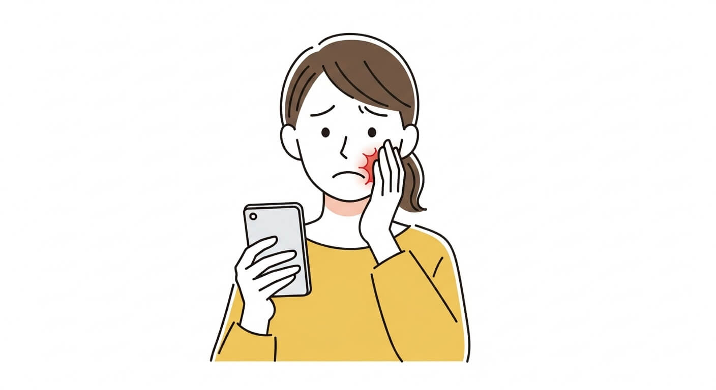 歯の悩みや痛みを抱え、スマートフォンで解決策を検索している患者のイラスト。