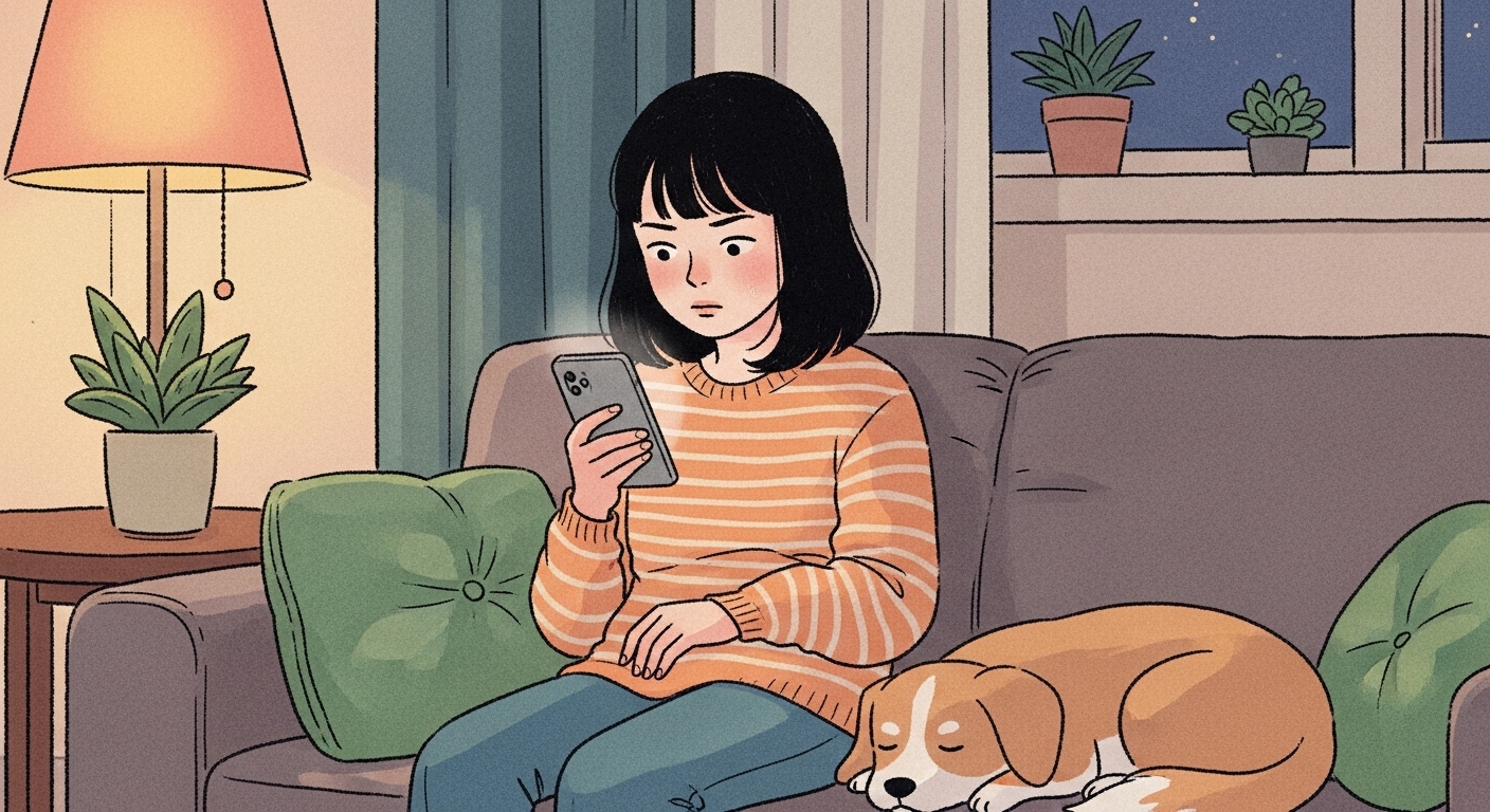 夜、ソファで愛犬の横で不安そうにスマホ検索をして動物病院を探す飼い主のイラスト