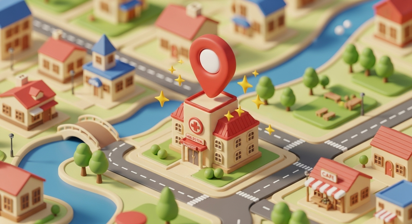 地図上の動物病院に赤いピンと高評価の星がついている3Dイラスト。MEO対策による地域集客のイメージ