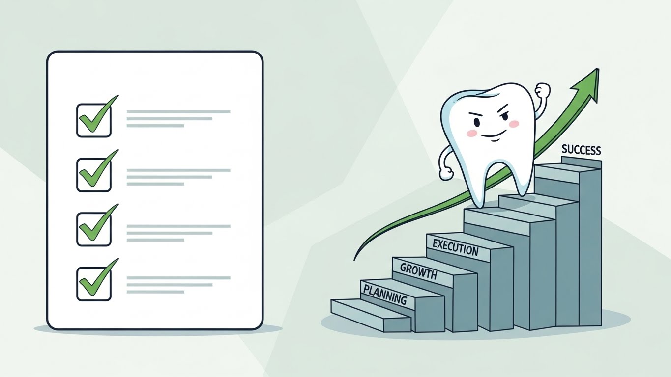 歯科医院のデスクでSNS運用の投稿計画と戦略をノートに書き留めている様子