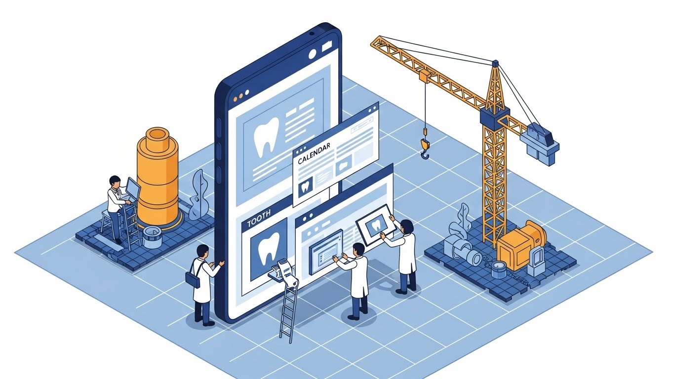 巨大なスマホ画面でホームページを構築する歯科医師とWeb制作スタッフのアイソメトリックイラスト