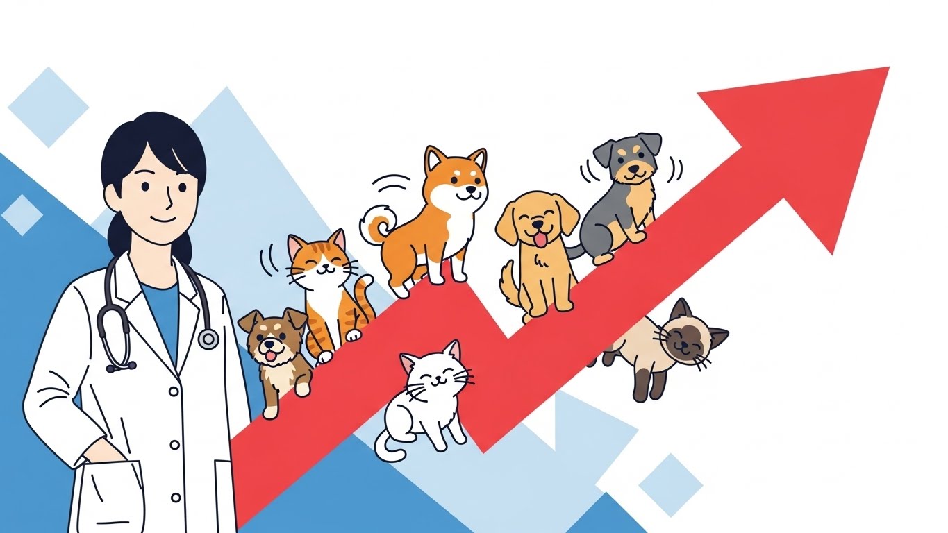 右肩上がりの赤い矢印に乗る犬猫と微笑む獣医師のイラスト。動物病院経営のV字回復と成功を表現