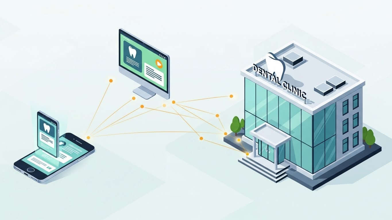 スマートフォンで歯科医院の公式ホームページやSNSを表示し、院内の雰囲気とWebの情報が一貫している様子