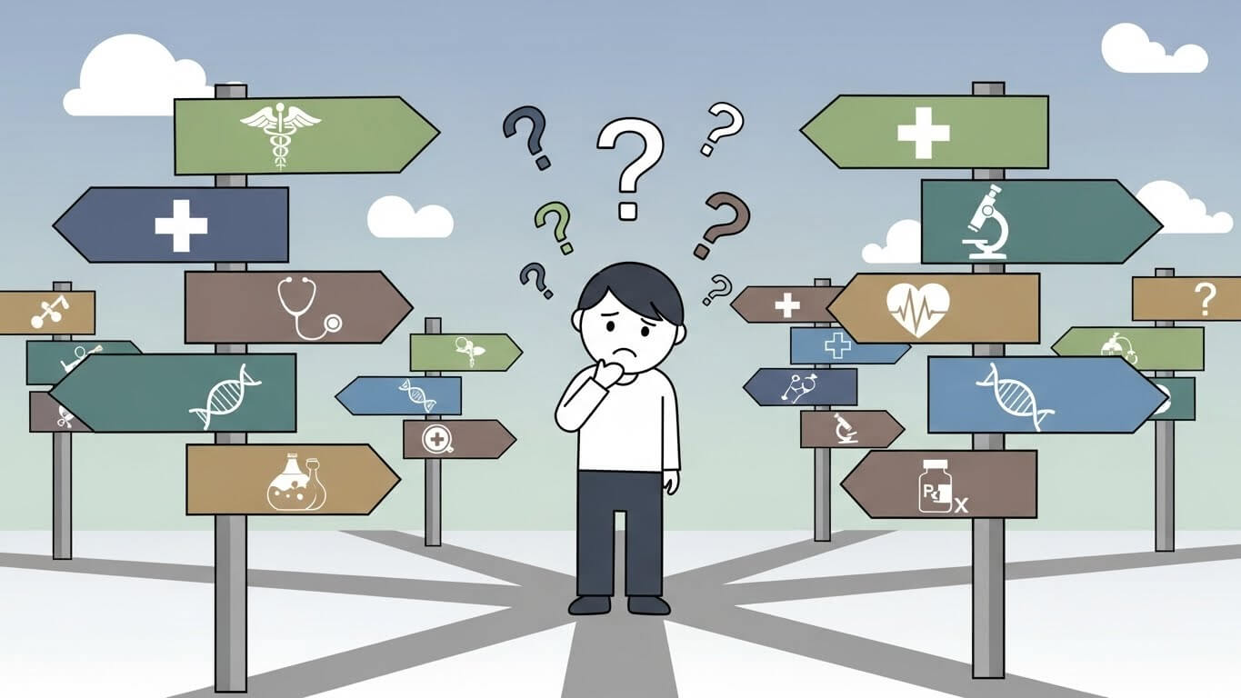 数多くの動物病院の中からどこを選べばよいか分からず、情報の多さに迷っている飼い主のイメージイラスト