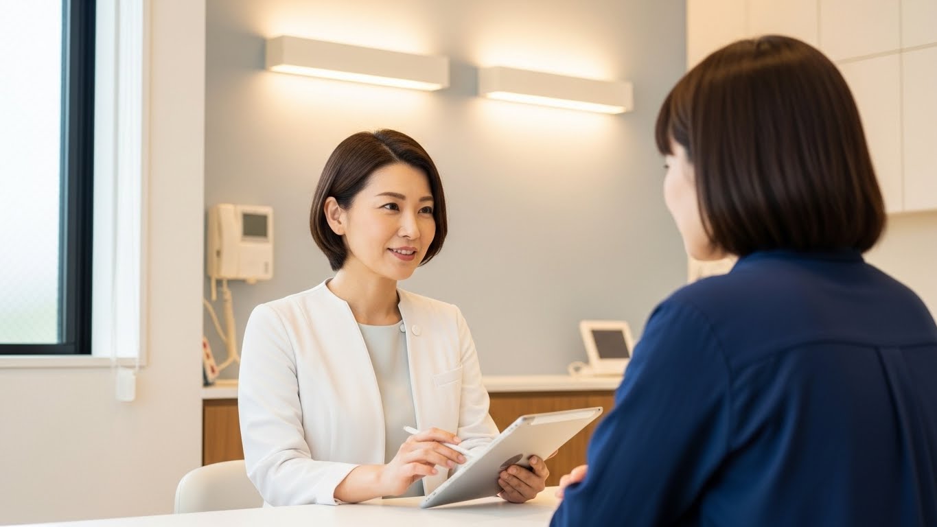 診療室で患者の目を見て丁寧に治療計画のカウンセリングを行う日本人女性歯科医師と安心した表情の患者