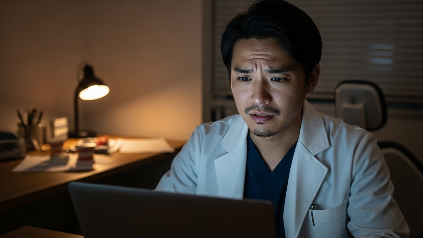 深夜の診療室でパソコン画面を見つめ、集患やブランディングの失敗に頭を抱える日本人男性院長