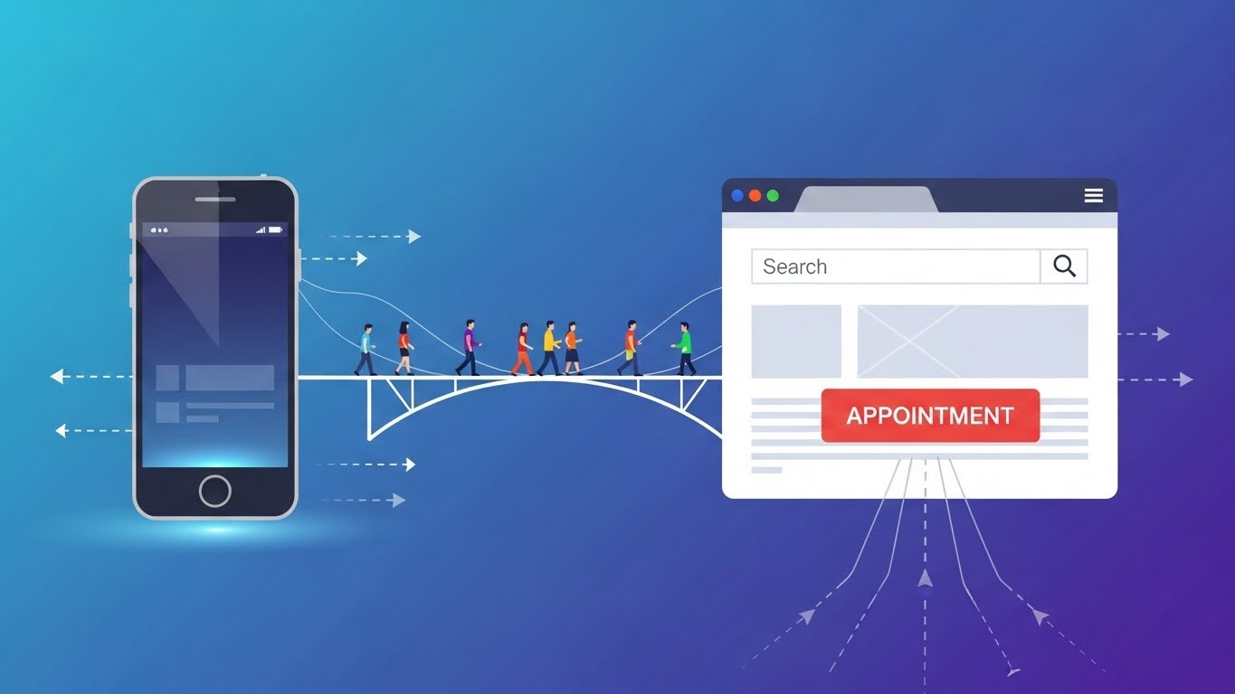 スマートフォンのSNS画面とノートパソコンのWeb予約画面が並び、集患への連携を表しているイメージ