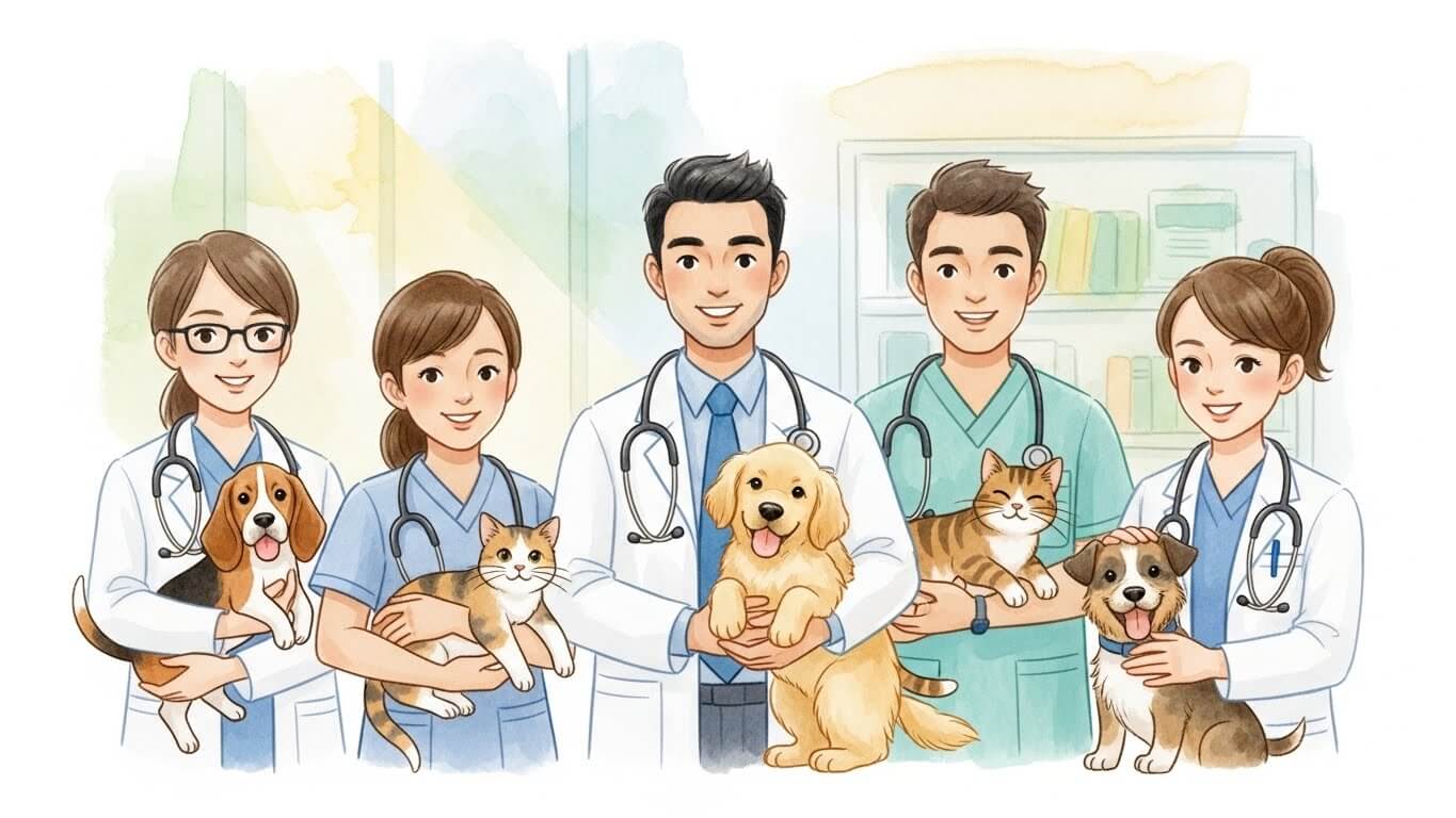 動物たちに優しく寄り添う、信頼できる獣医師と動物看護師の集合イラスト