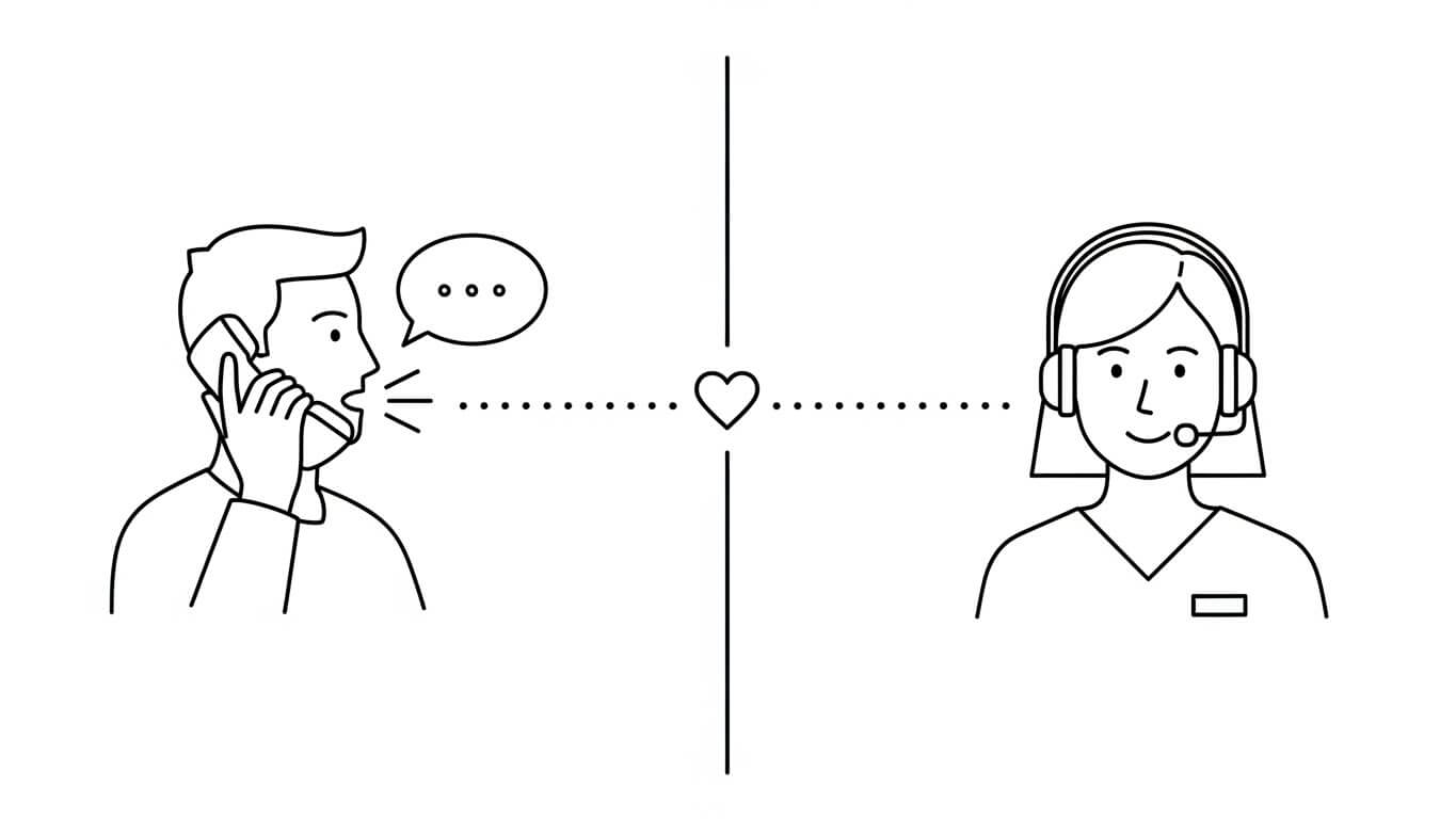 動物病院に電話で問い合わせをし、受付スタッフが丁寧に対応している様子のイラスト